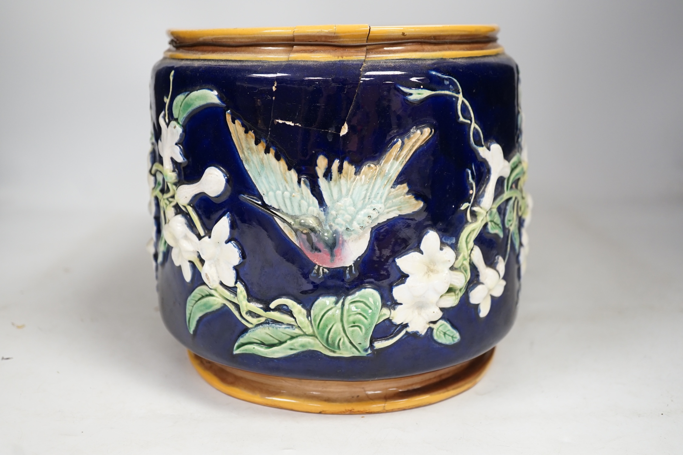 A George Jones ‘Hummingbird ’ majolica jardiniere / planter, 37cm long. Condition - poor